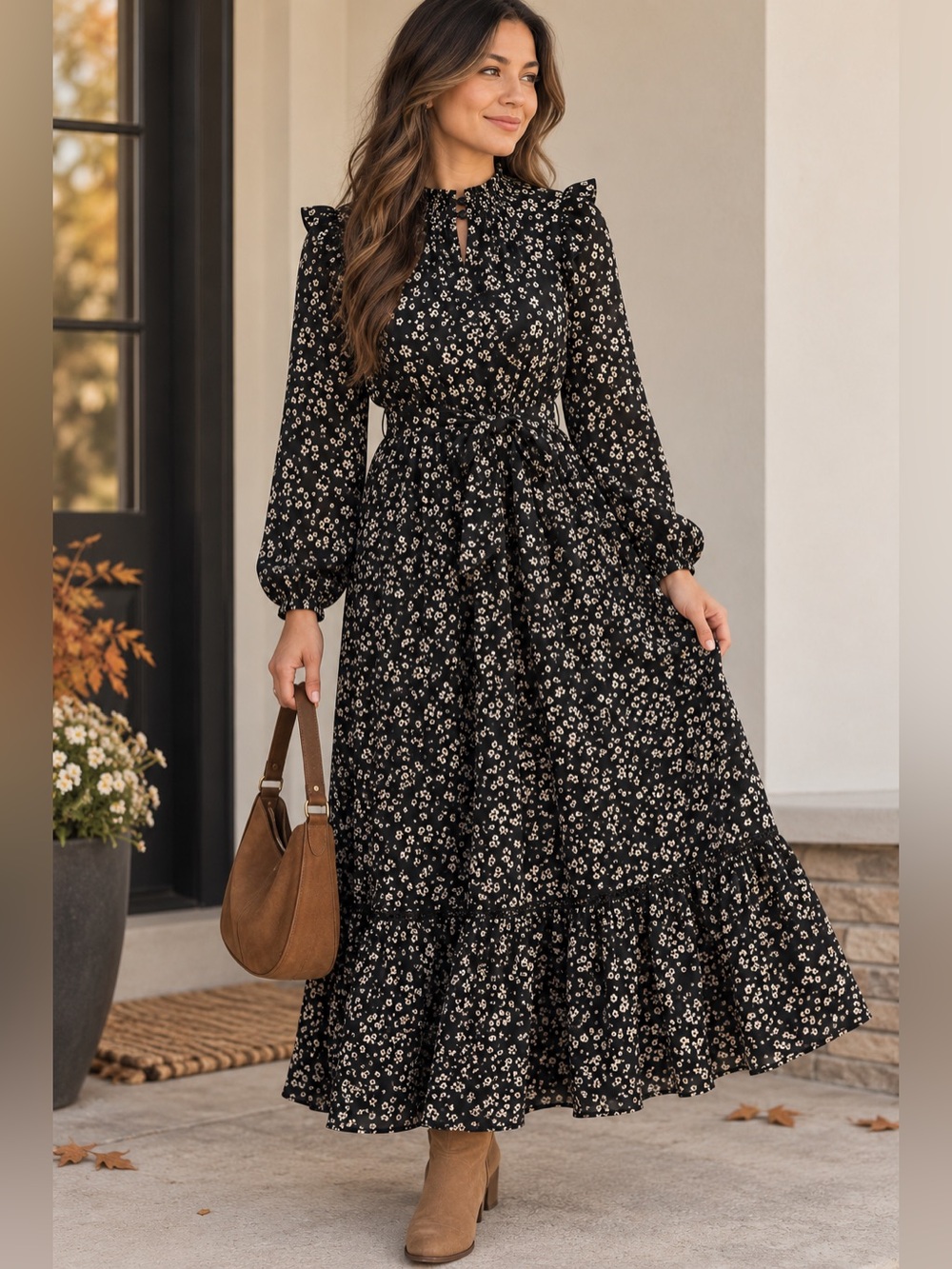 EVER NEW Black & White Printed Long Sleeve Midi Dress